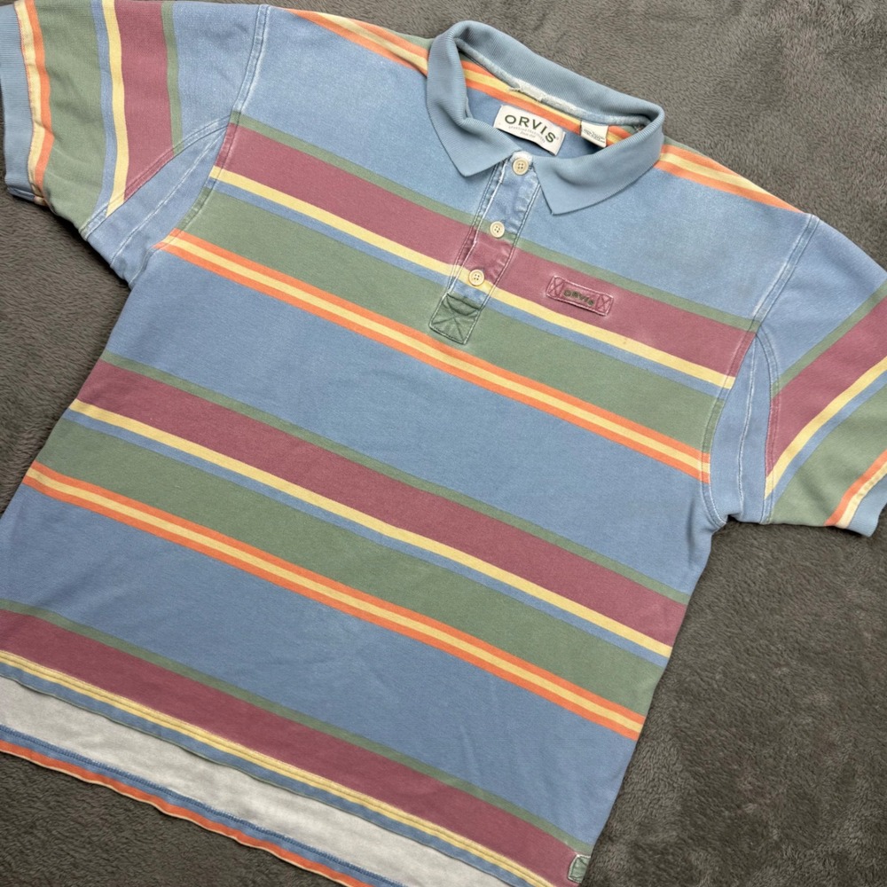 Orvis Polo Shirt Mens Large L Blue Striped Good Short Sleeve Cotton Pique 90s